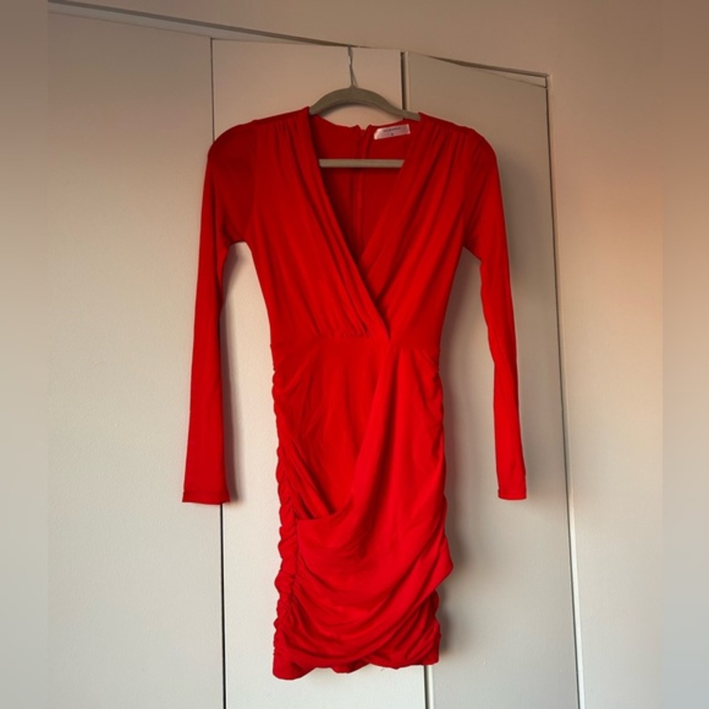 Hello Molly Red Long Sleeve Ruched V Neck Mini Dress Bodycon